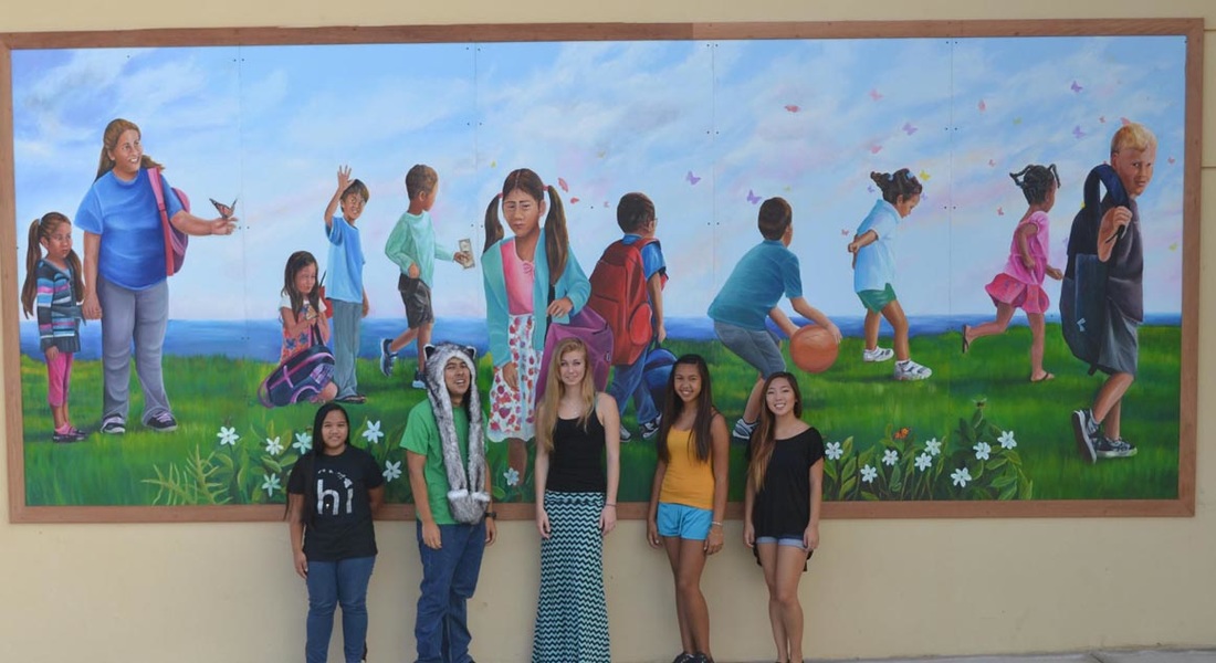 Picture: Students standing in front of mural at Konawaena Elementary School: mural never forget